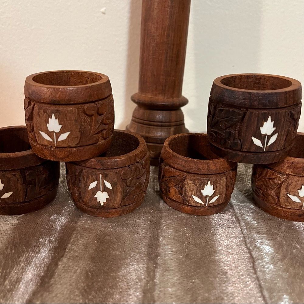 MCM NAPKIN RINGS 6 Carved - Handmade Vintage - Bone Floral Inlays - Wood - Boho